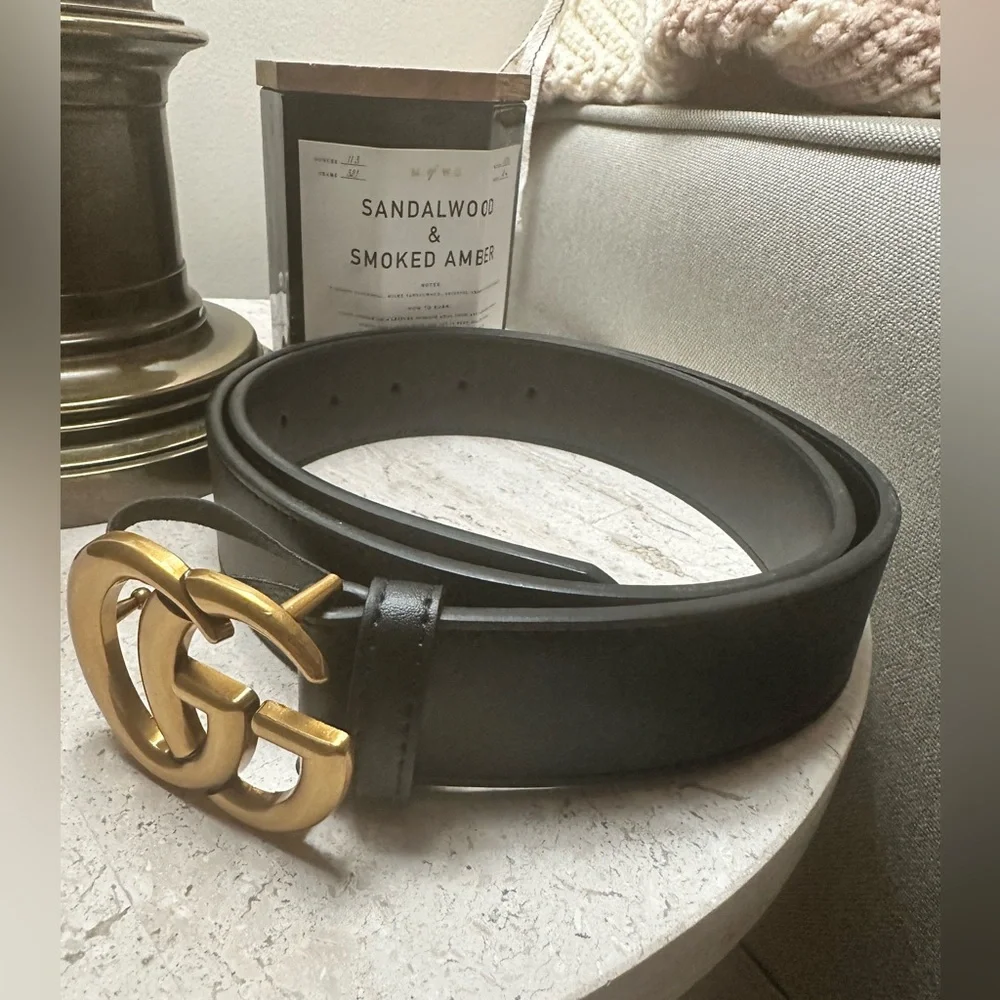 Black Leather Women's Belt with Gold Interlocking Buckle